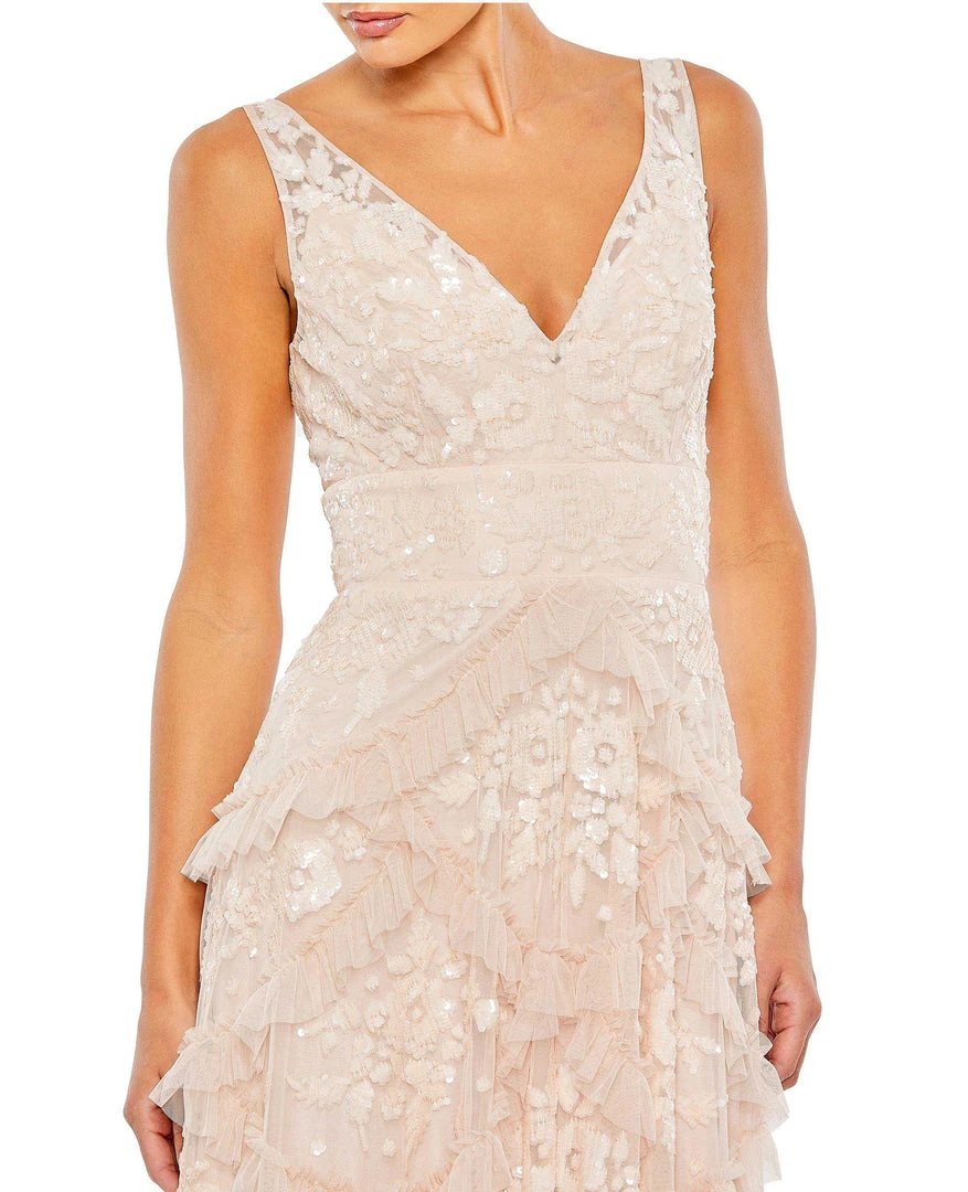 Mac Duggal Sequined Scallop Ruffle Tiered V Neck Gown 6 Mac Duggal Sequined Scallop Ruffle Tiered V Neck Gown