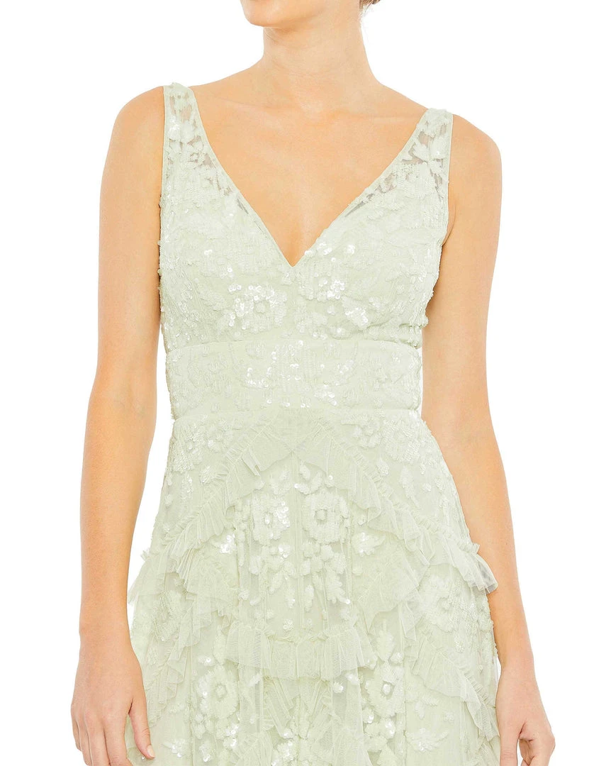 Mac Duggal Sequined Scallop Ruffle Tiered V Neck Gown 3 Mac Duggal Sequined Scallop Ruffle Tiered V Neck Gown