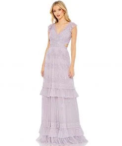 Mac Duggal Shop For Sequined Ruffled Cap Sleeve Cut Out Tiered Gown