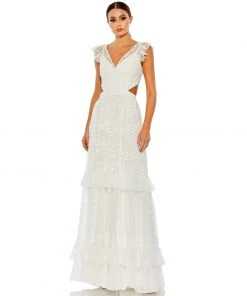 Mac Duggal Shop For Sequined Ruffled Cap Sleeve Cut Out Tiered Gown