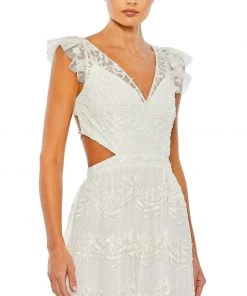 Mac Duggal Shop For Sequined Ruffled Cap Sleeve Cut Out Tiered Gown