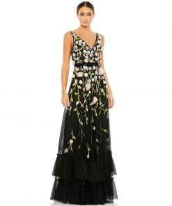Mac Duggal Floral Embellished Sleeveless V Neck A Line Gown