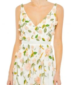 Mac Duggal Floral Embellished Sleeveless V Neck A Line Gown