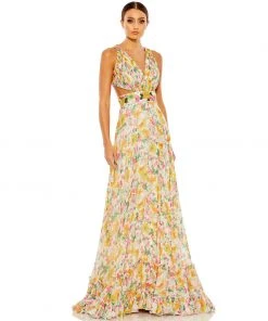 Mac Duggal Floral Print Cut-Out Lace Up Tiered Gown Shop For