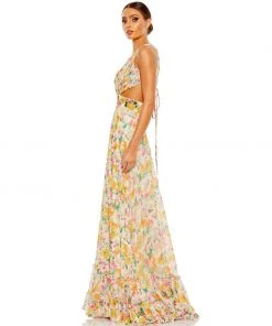 Mac Duggal Floral Print Cut-Out Lace Up Tiered Gown Shop For