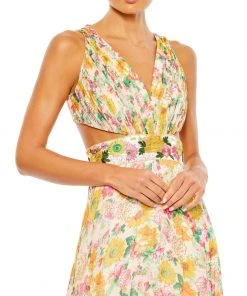 Mac Duggal Floral Print Cut-Out Lace Up Tiered Gown Shop For