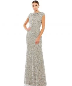 Mac Duggal Mother Of The Bride + Groom Dresses Floral Embellished Cowl Bateau Cap Sleeve Gown
