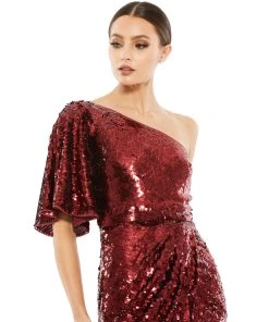 Mac Duggal Shop For One-Shoulder Bell Sleeve Sequin Gown