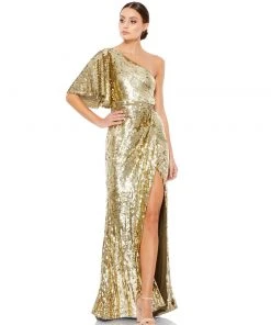 Mac Duggal Shop For One-Shoulder Bell Sleeve Sequin Gown