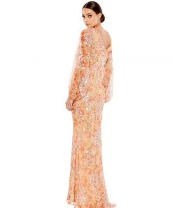 Mac Duggal Shop For Apricot Sequined Floral Print Gown