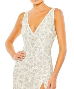 Mac Duggal Geometric Embellished V Neck Sleeveless Gown Shop For