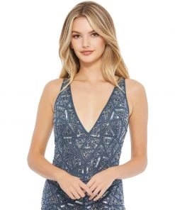 Mac Duggal Geometric Embellished V Neck Sleeveless Gown Shop For