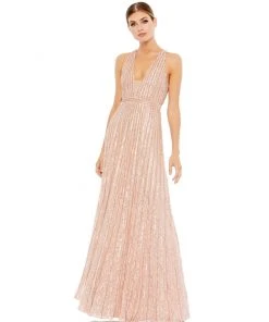 Mac Duggal Sequined Sleeveless Plunge Neck Flowy Gown