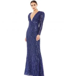 Mac Duggal Beaded Puff Sleeve Trumpet Evening Gown Shop For