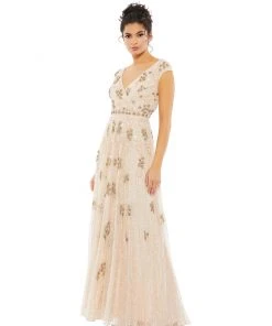 Mac Duggal Embellished Wrap Over Cap Sleeve A-Line Gown Shop For