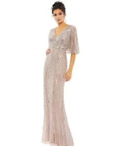 Mac Duggal Shop For Sequined V Neck Cape Sleeve Column Gown
