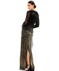 Mac Duggal Shop For Long Sleeve Beaded Fringe Evening Gown