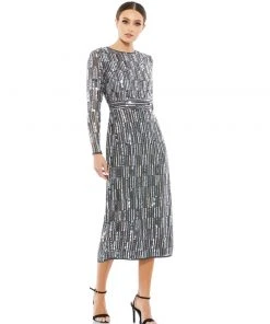 Mac Duggal Shop For Paillette Embellished Long Sleeve Midi Dress