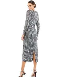 Mac Duggal Shop For Paillette Embellished Long Sleeve Midi Dress