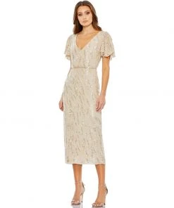 Mac Duggal Sequined V Neck Flutter Sleeve Tea Length Dress 9 Mac Duggal Sequined V Neck Flutter Sleeve Tea Length Dress