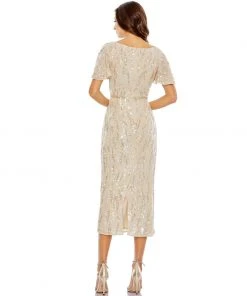 Mac Duggal Sequined V Neck Flutter Sleeve Tea Length Dress 10 Mac Duggal Sequined V Neck Flutter Sleeve Tea Length Dress