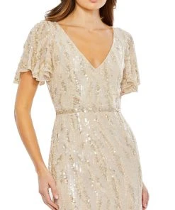 Mac Duggal Sequined V Neck Flutter Sleeve Tea Length Dress 11 Mac Duggal Sequined V Neck Flutter Sleeve Tea Length Dress