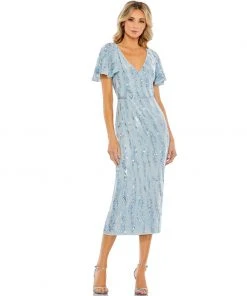 Mac Duggal Sequined V Neck Flutter Sleeve Tea Length Dress