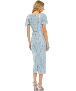 Mac Duggal Sequined V Neck Flutter Sleeve Tea Length Dress