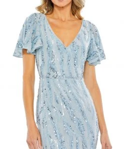 Mac Duggal Sequined V Neck Flutter Sleeve Tea Length Dress 8 Mac Duggal Sequined V Neck Flutter Sleeve Tea Length Dress