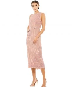 Mac Duggal Striped Floral Embellished Sleeveless Midi Dress Shop For