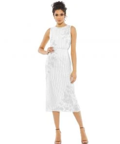 Mac Duggal Striped Floral Embellished Sleeveless Midi Dress Shop For