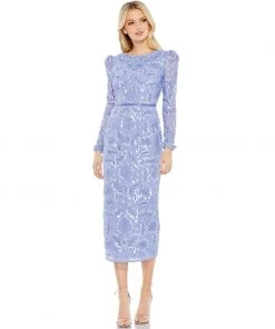 Mac Duggal Embellished High Neck Puff Sleeve Midi Dress