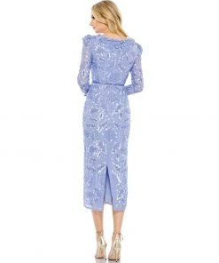 Mac Duggal Embellished High Neck Puff Sleeve Midi Dress