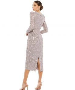 Mac Duggal Embellished High Neck Puff Sleeve Midi Dress