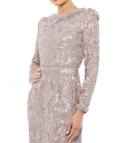 Mac Duggal Embellished High Neck Puff Sleeve Midi Dress