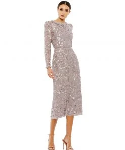 Mac Duggal Embellished High Neck Puff Sleeve Midi Dress