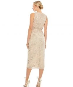 Mac Duggal Shop For Sequined Sleeveless V-Neck Midi Sheath Dress