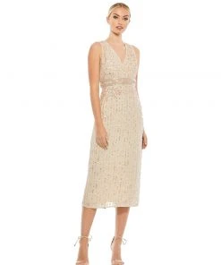 Mac Duggal Shop For Sequined Sleeveless V-Neck Midi Sheath Dress