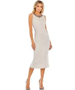 Mac Duggal Sequined Jeweled Neckline Midi Sheath Dress