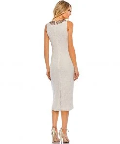 Mac Duggal Sequined Jeweled Neckline Midi Sheath Dress
