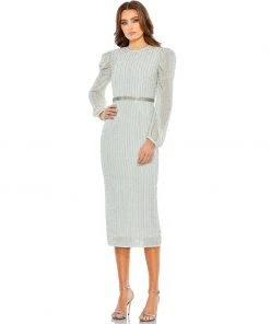 Mac Duggal Embellished Long Sleeve Puff Shoulder Midi Dress Shop For