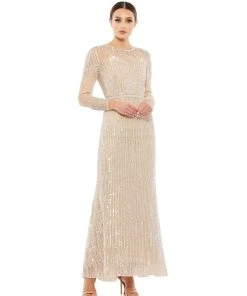 Mac Duggal Sequined Illusion High Neck Long Sleeve Trumpet Gown Shop For