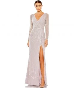 Mac Duggal Sequined Faux Wrap Long Sleeve Gown 9 Mac Duggal Sequined Faux Wrap Long Sleeve Gown