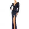Mac Duggal Sequined Faux Wrap Long Sleeve Gown
