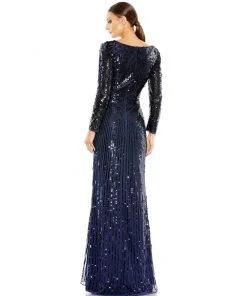Mac Duggal Sequined Faux Wrap Long Sleeve Gown