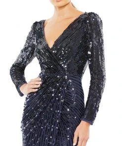Mac Duggal Sequined Faux Wrap Long Sleeve Gown 8 Mac Duggal Sequined Faux Wrap Long Sleeve Gown