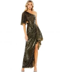 Mac Duggal Shop For Sequined Flutter Sleeve One Shoulder Draped Gown