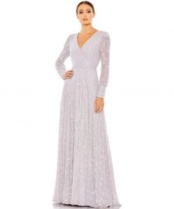 Mac Duggal Sequined Lace Long Sleeve Wrap Over Gown