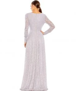 Mac Duggal Sequined Lace Long Sleeve Wrap Over Gown