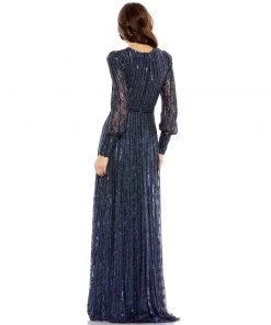Mac Duggal Sequined Lace Long Sleeve Wrap Over Gown